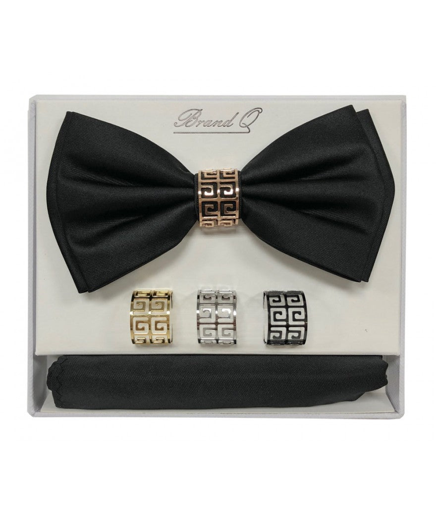 BTR100 - SOLID PRE-TIED BOW TIE, HANKEY & 4 RINGS