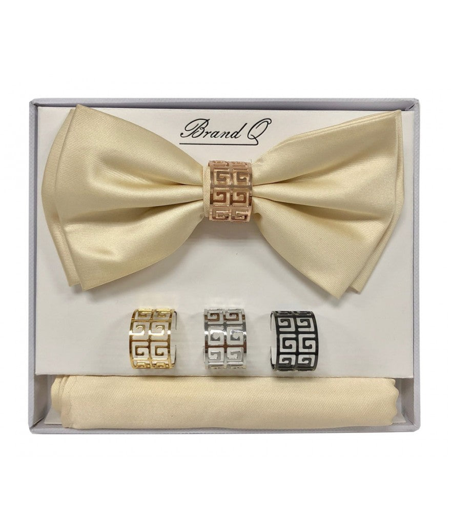 BTR100 - SOLID PRE-TIED BOW TIE, HANKEY & 4 RINGS