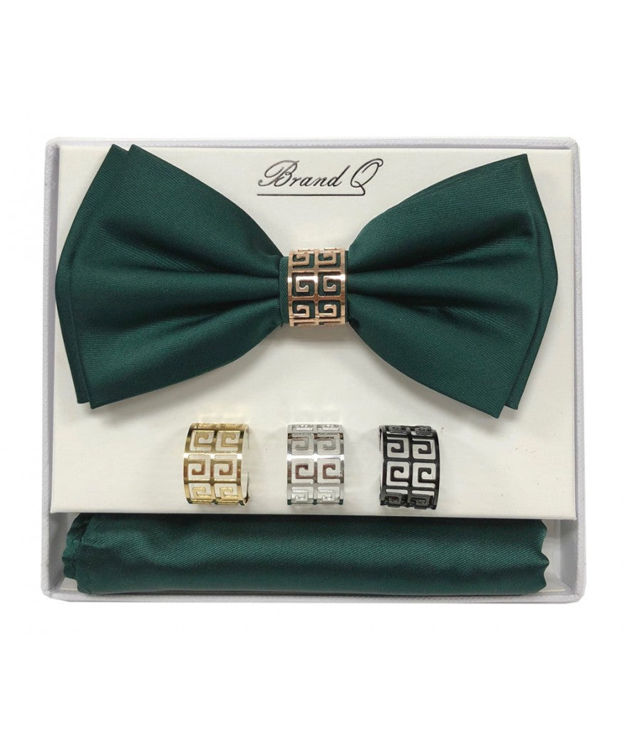BTR100 - SOLID PRE-TIED BOW TIE, HANKEY & 4 RINGS