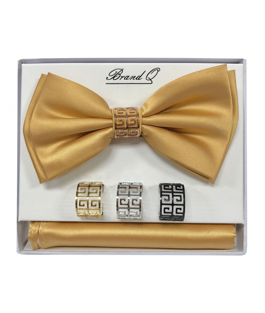 BTR100 - SOLID PRE-TIED BOW TIE, HANKEY & 4 RINGS