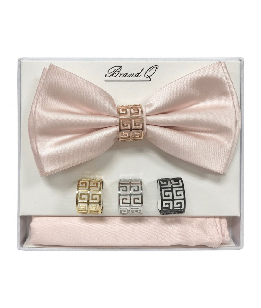 BTR100 - SOLID PRE-TIED BOW TIE, HANKEY & 4 RINGS