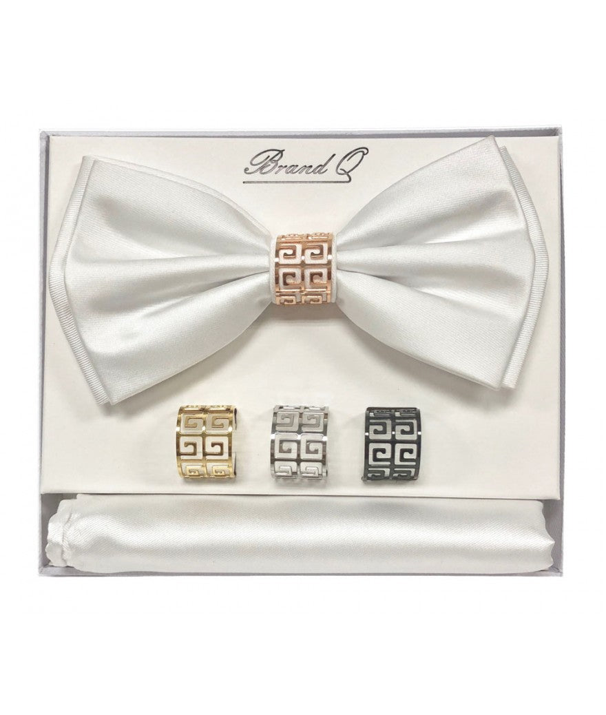 BTR100 - SOLID PRE-TIED BOW TIE, HANKEY & 4 RINGS